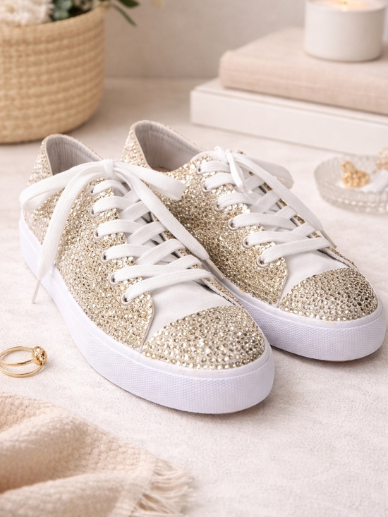 Universal Thread Shoes - Custom Rhinestone Sneakers Gold White Platform Size 9 Sparkle